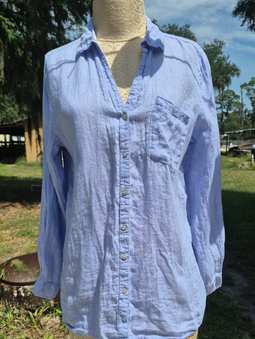 Sigrid Olsen 100% Linen Light Blue Button Up V Neckline Long Sleeve Shirt Size L